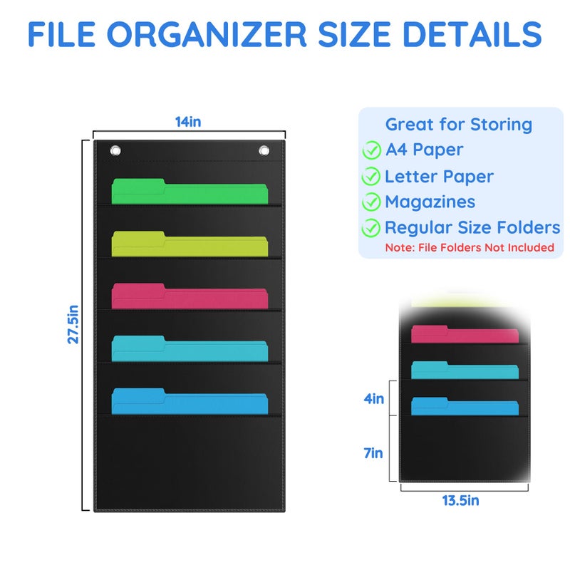 ZKOO 5 Pockets Hanging Wall File Organizer for A4 Size Paper/Legal/Letter Size Document, Sturdy Wall Mail Organizer Black Pocket Chart Great for Classroom, Office, Home Use with 2 Hangers - Image 2